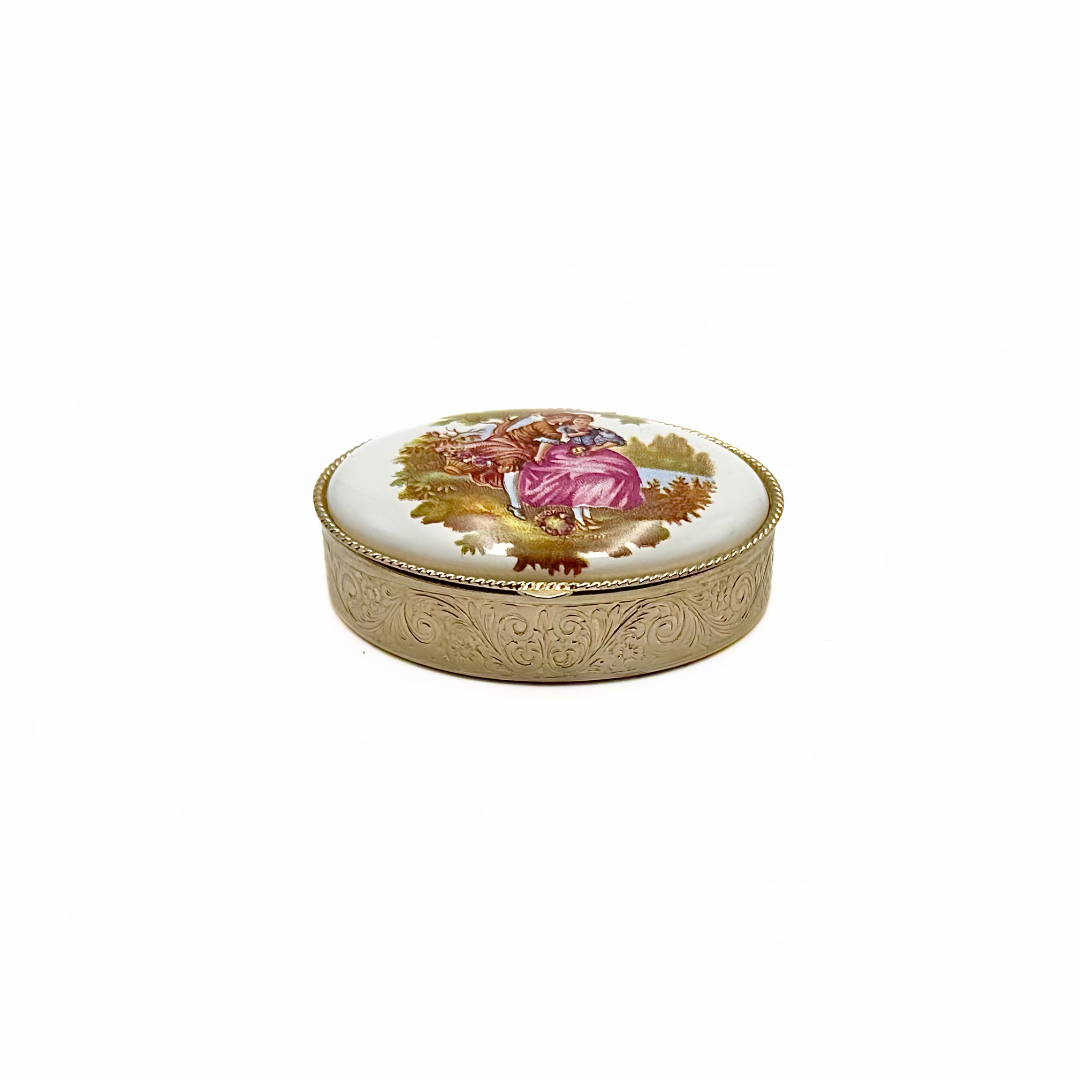 Brass Oval Pill Box Porcelain Courting Couple