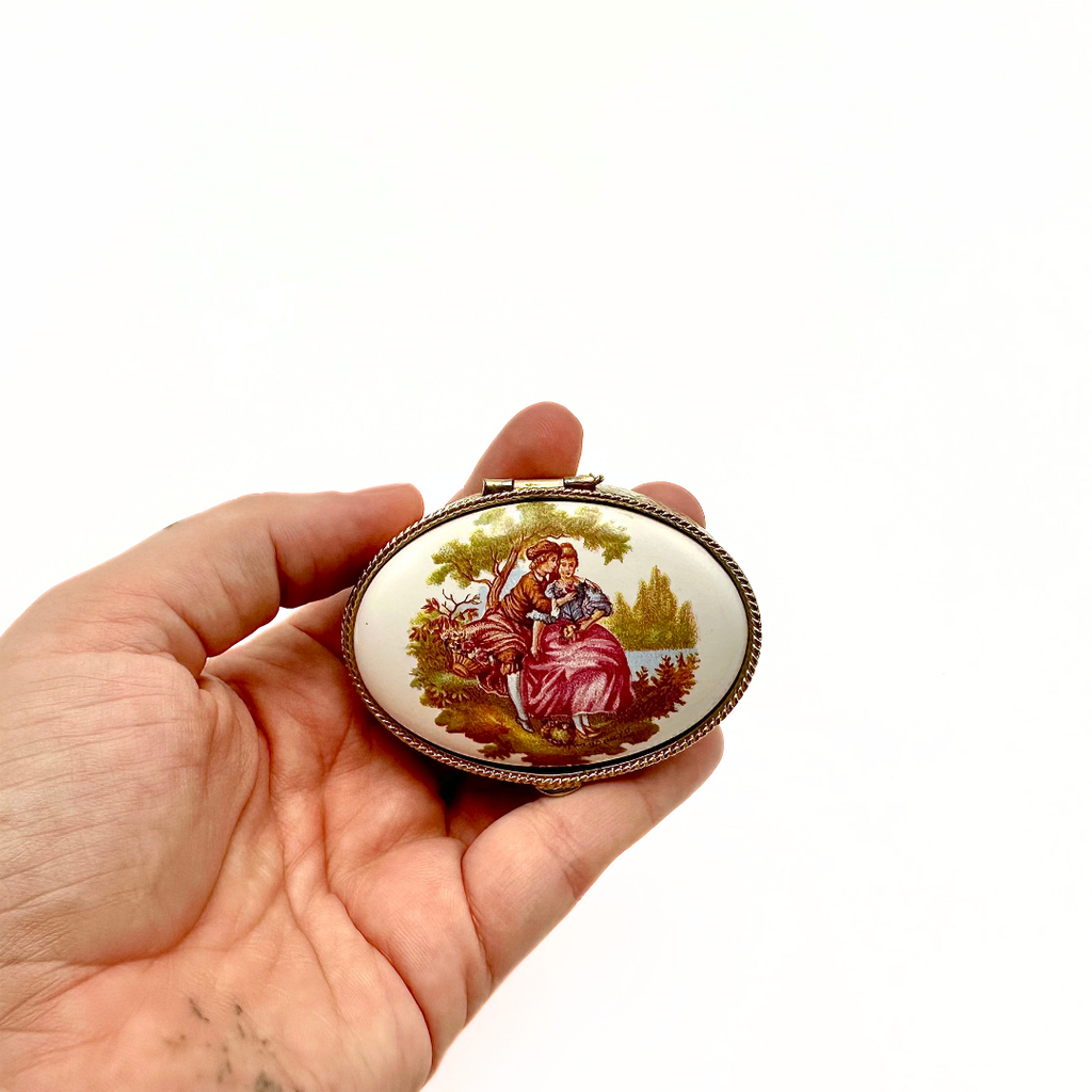 Brass Oval Pill Box Porcelain Courting Couple