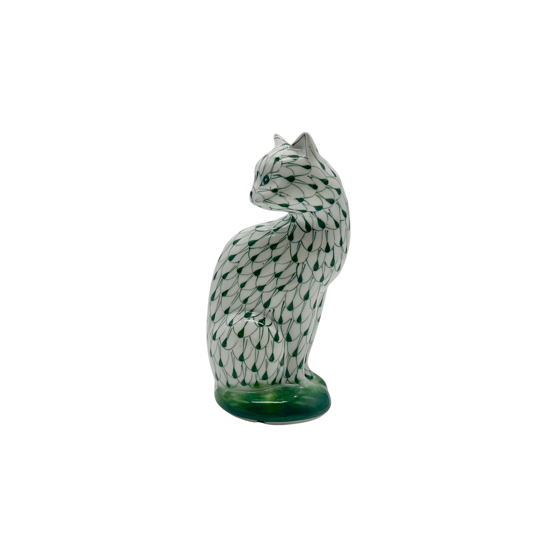 Andrea by Sadek Herend Style Green Fishnet Porcelain Cat Figurine