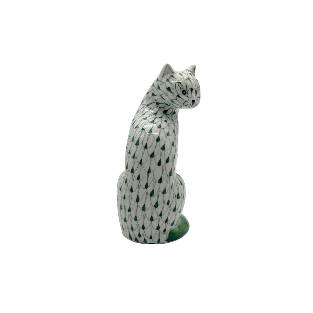 Andrea by Sadek Herend Style Green Fishnet Porcelain Cat Figurine