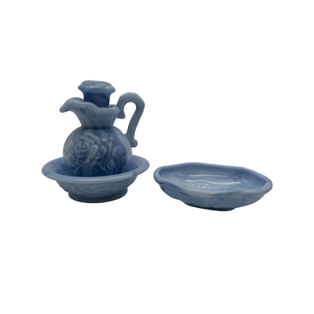 Avon Victoriana Blue Swirl Slag Glass Pitcher, Bowl and Soap Dish Set