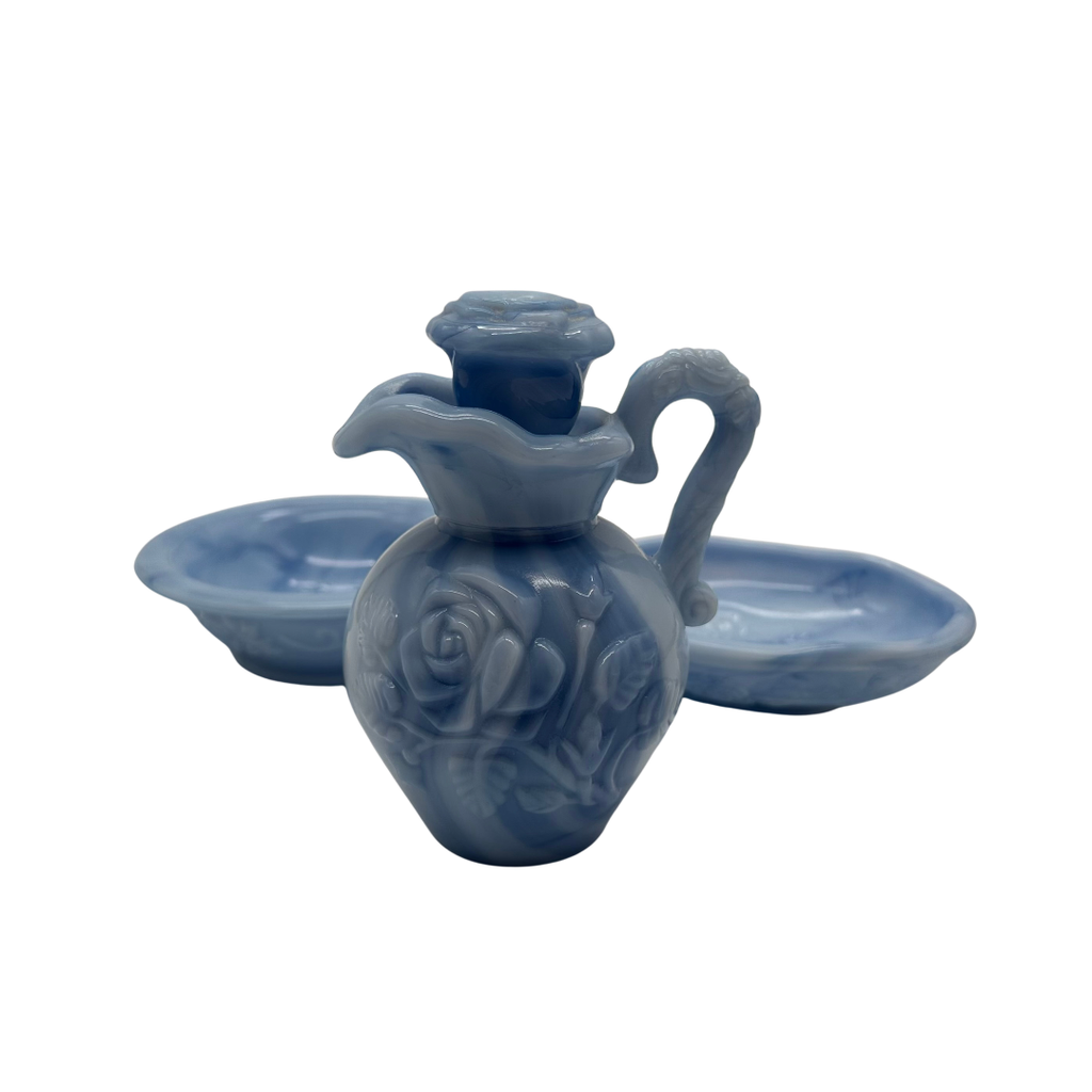 Avon Victoriana Blue Swirl Slag Glass Pitcher, Bowl and Soap Dish Set