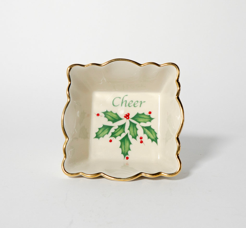 Lenox Holiday Cheer Square Fluted Dish 4.25” Porcelain Gold Trim
