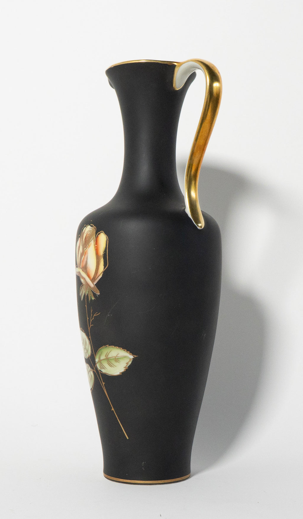 1950's Royal Porzellan Bavaria Handarbeit Vase, Black & Gold Rose Porcelain