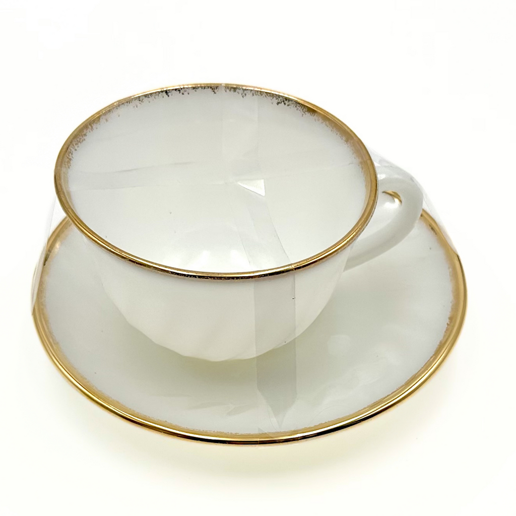 Anchor Hocking Fire-King Milk Glass Teacups Saucers Gold Trim Set of 3