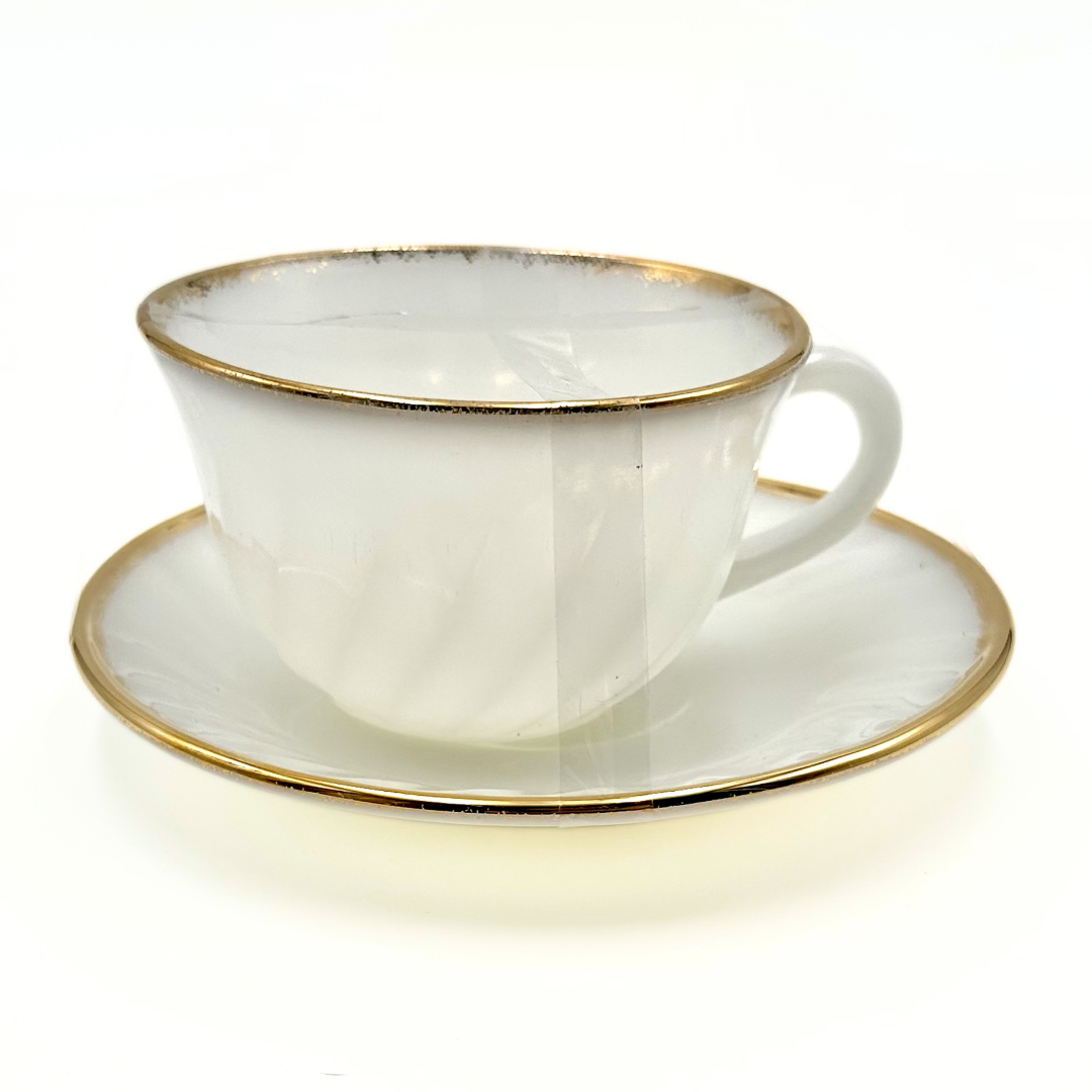Anchor Hocking Fire-King Milk Glass Teacups Saucers Gold Trim Set of 3
