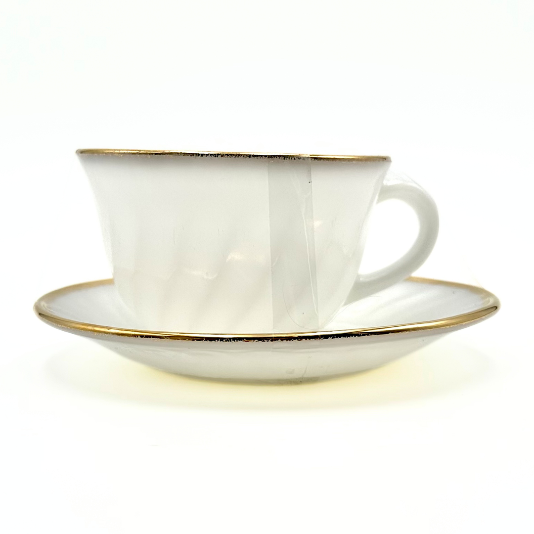 Anchor Hocking Fire-King Milk Glass Teacups Saucers Gold Trim Set of 3
