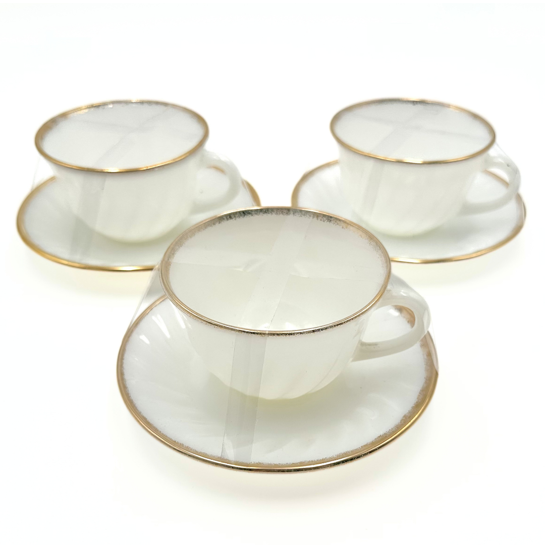 Anchor Hocking Fire-King Milk Glass Teacups Saucers Gold Trim Set of 3