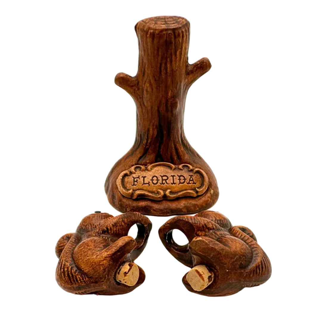 Vintage Florida Ceramic Squirrel Salt & Pepper Shakers with Tree Stand
