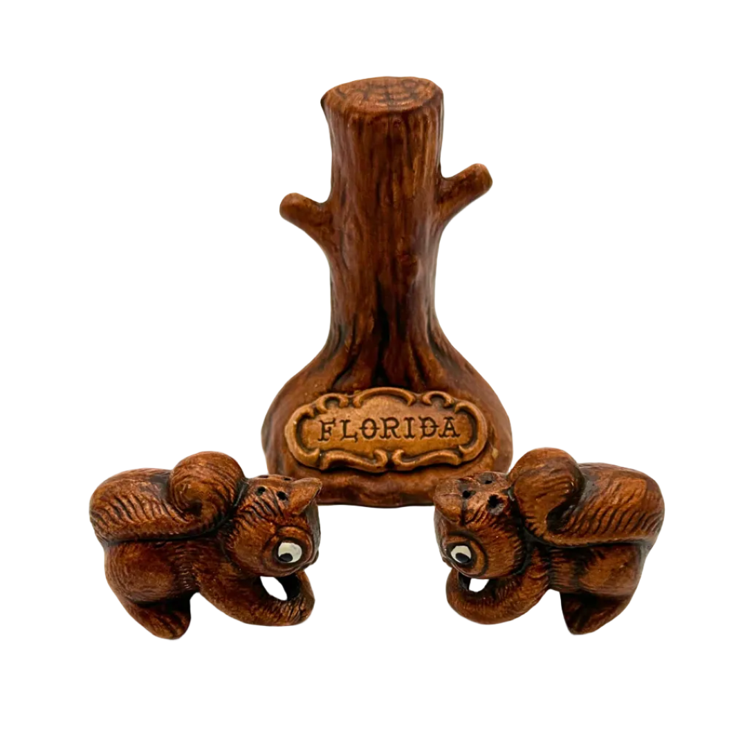 Vintage Florida Ceramic Squirrel Salt & Pepper Shakers with Tree Stand