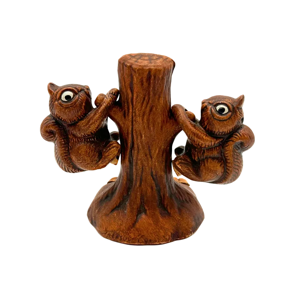 Vintage Florida Ceramic Squirrel Salt & Pepper Shakers with Tree Stand