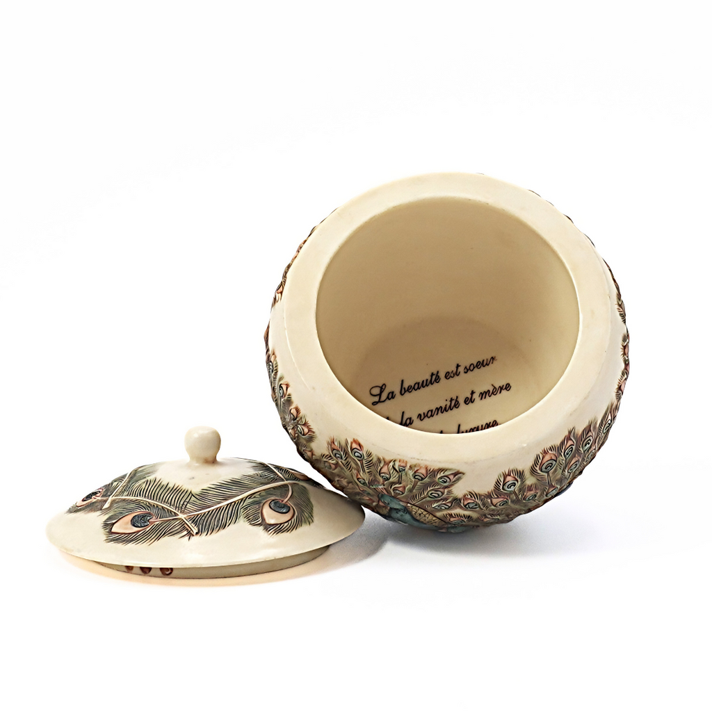 Alabaster Peacock Lidded Jar Jardinia Eye of the Beholder