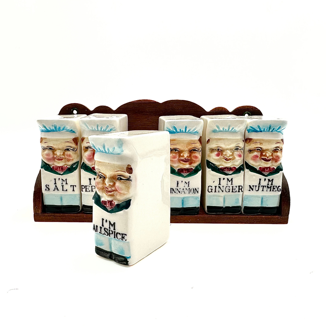 Royal Sealy "Happy Chefs" Spice Jar Set & Wooden Shelf