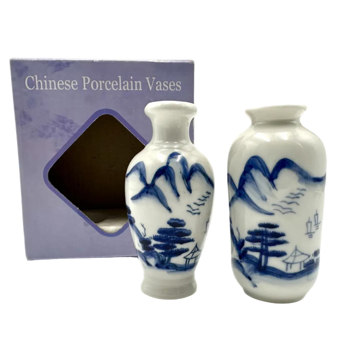 Mini Chinese Porcelain Vases Blue White Landscape Pair