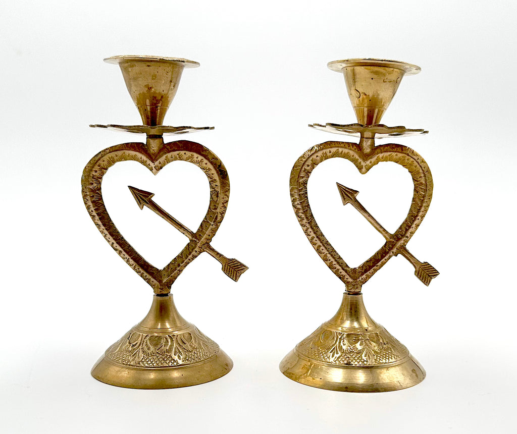 Brass Heart Arrow Candlestick Holders