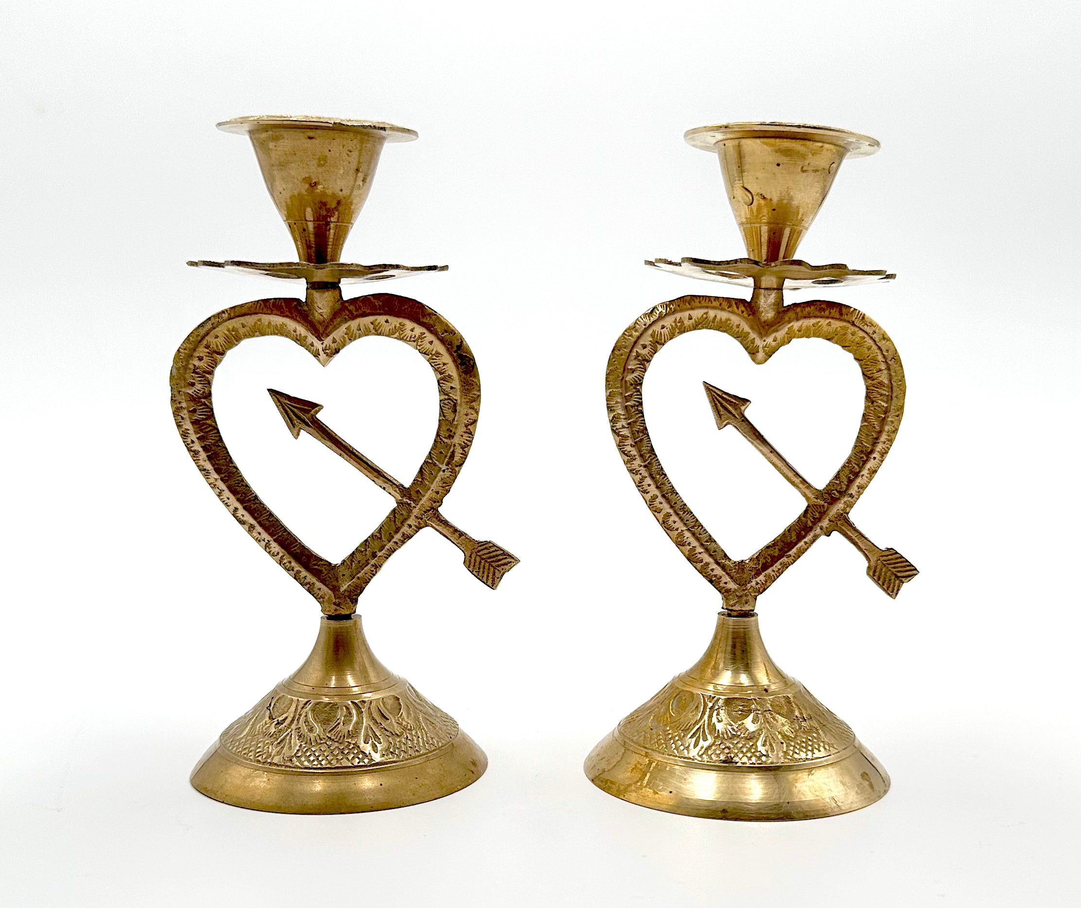 Brass Heart Arrow Candlestick Holders