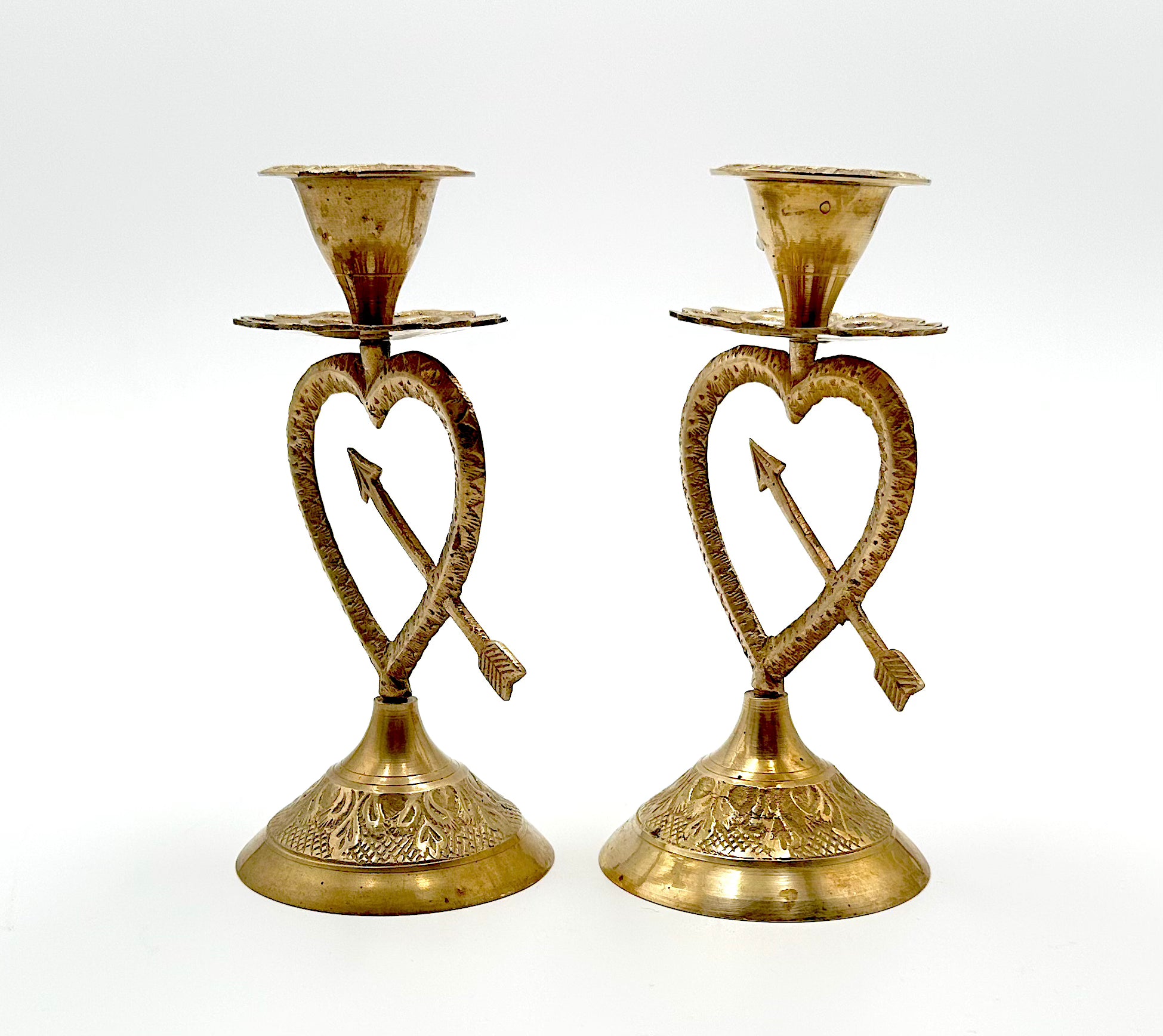 Brass Heart Arrow Candlestick Holders