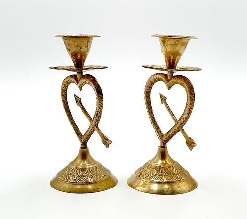 Brass Heart Arrow Candlestick Holders