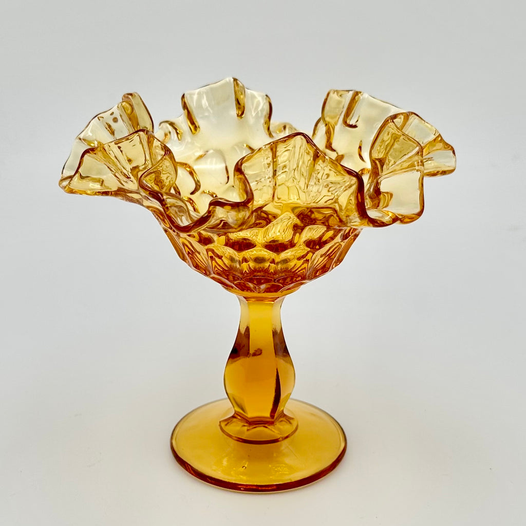 Fenton Amber Glass Compote Ruffled Pedestal Dish