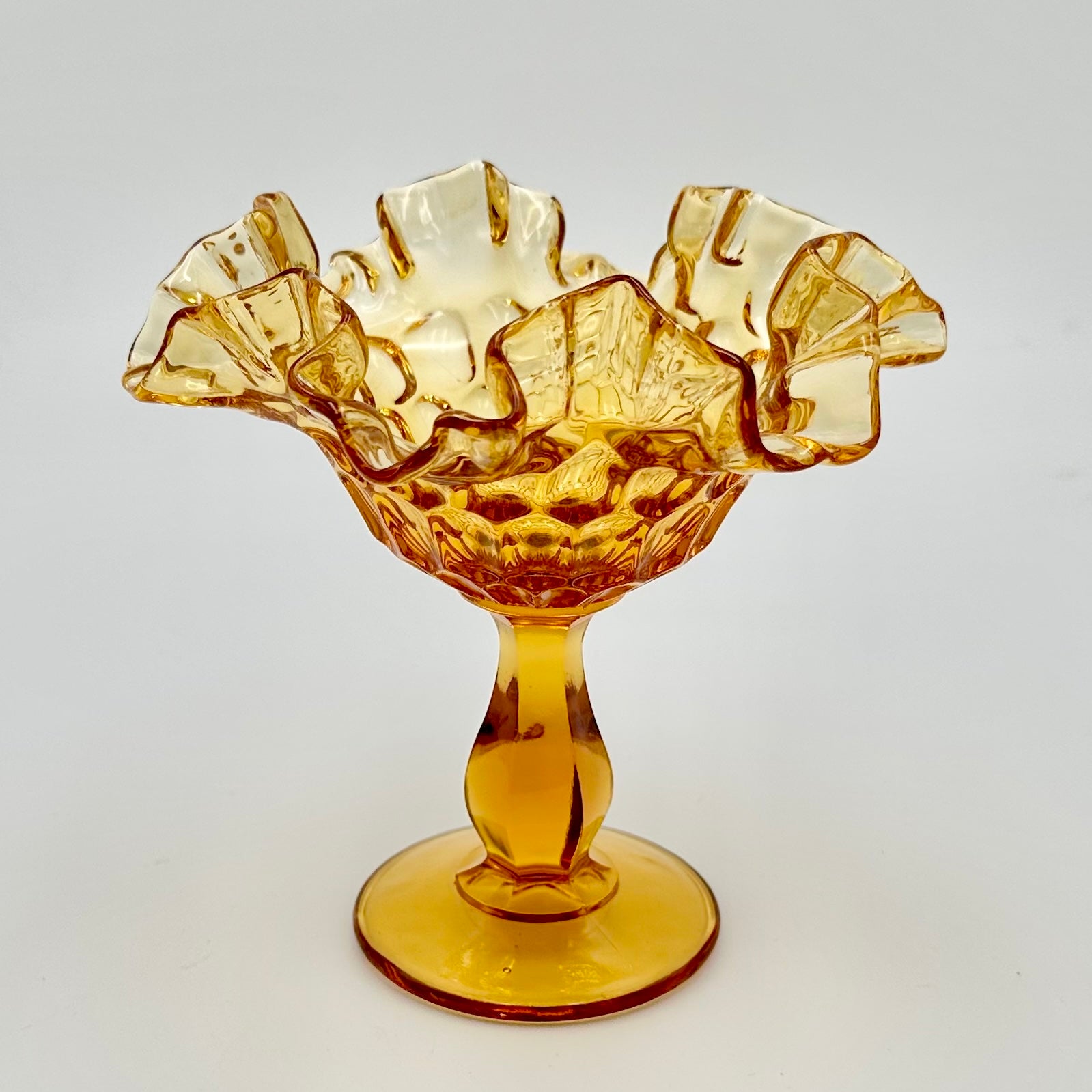 Fenton Amber Glass Compote Ruffled Pedestal Dish