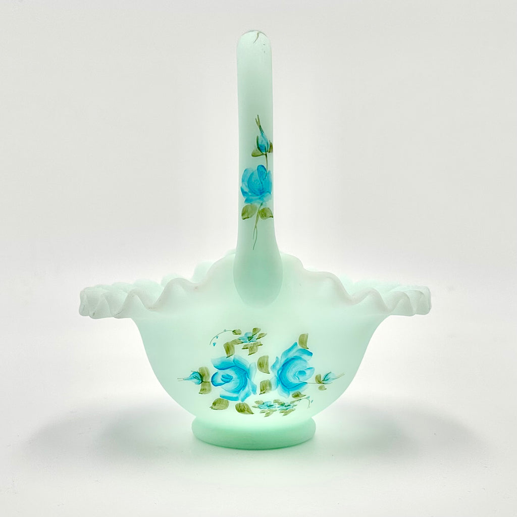 Fenton Blue Roses On Satin Glass Basket Hand Painted
