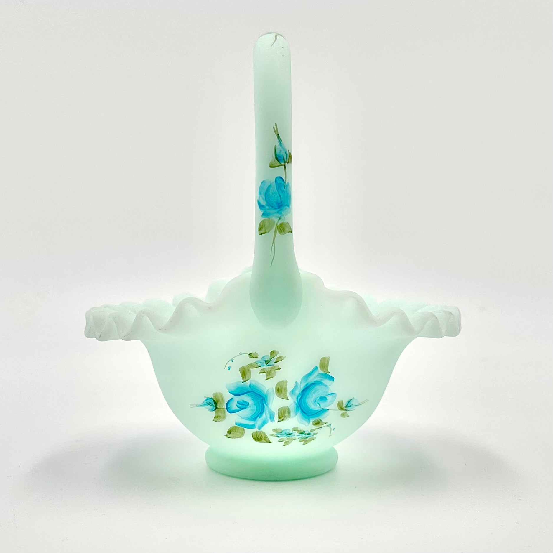 Fenton Blue Roses On Satin Glass Basket Hand Painted