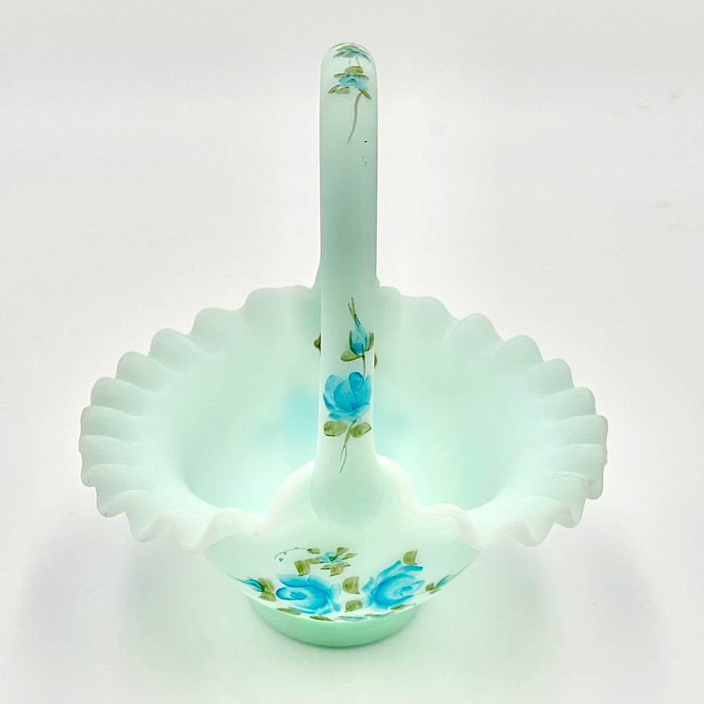Fenton Blue Roses On Satin Glass Basket Hand Painted