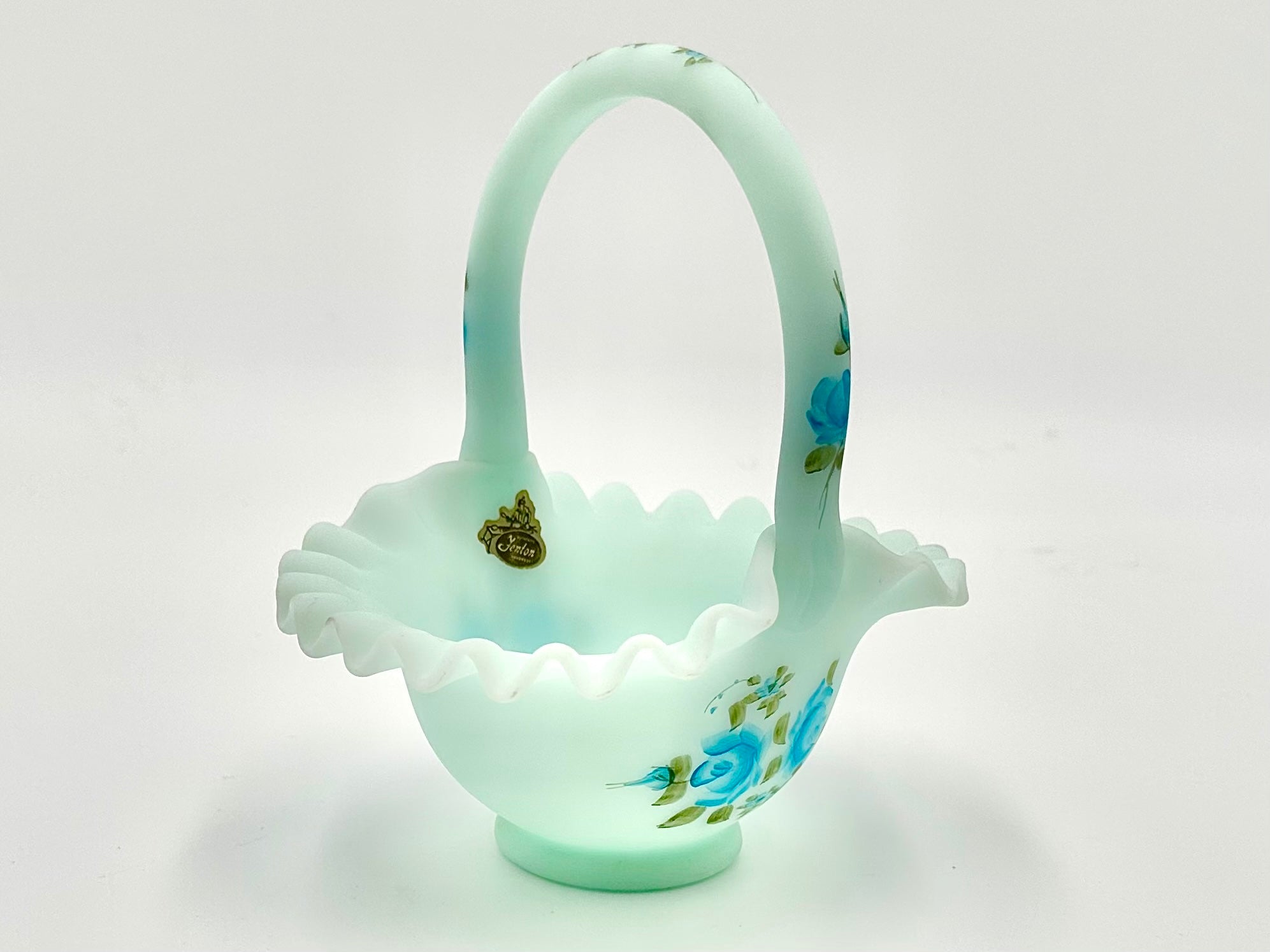 Fenton Blue Roses On Satin Glass Basket Hand Painted