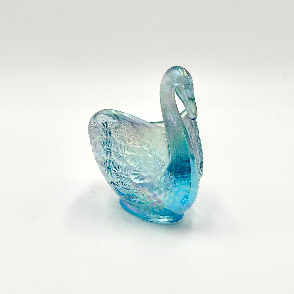 Fenton Blue Iridescent Glass Swan Figurine Carnival Glass