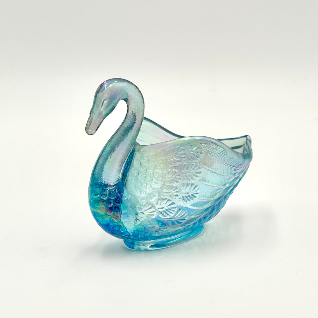 Fenton Blue Iridescent Glass Swan Figurine Carnival Glass