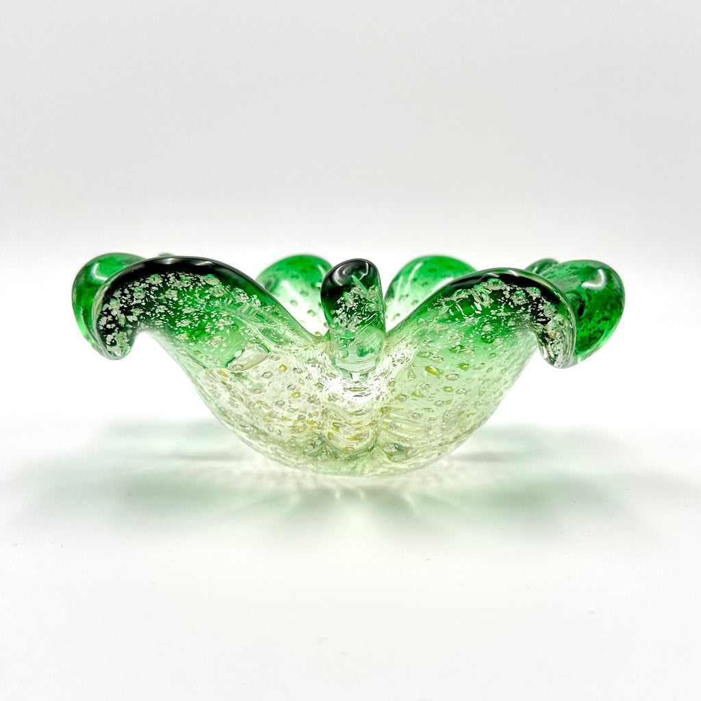 Murano Style Bullicante Bubble Green Art Glass Clover Dish