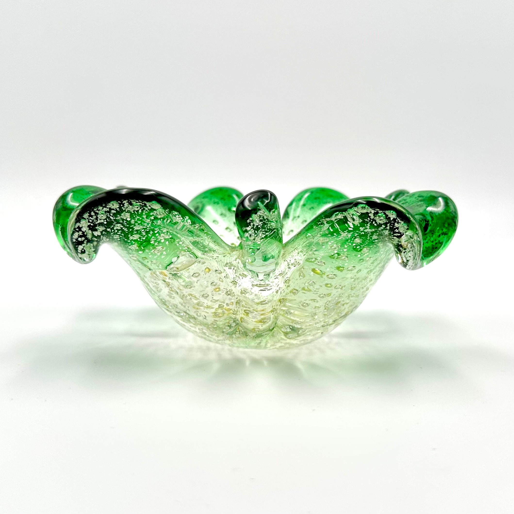 Murano Style Bullicante Bubble Green Art Glass Clover Dish