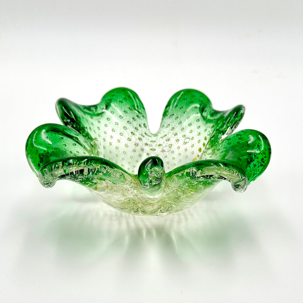 Murano Style Bullicante Bubble Green Art Glass Clover Dish