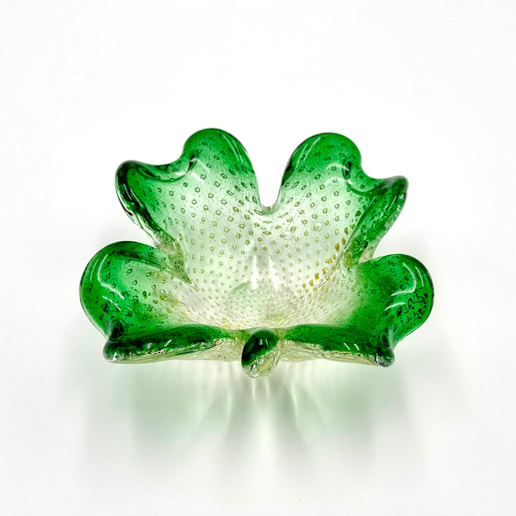 Murano Style Bullicante Bubble Green Art Glass Clover Dish