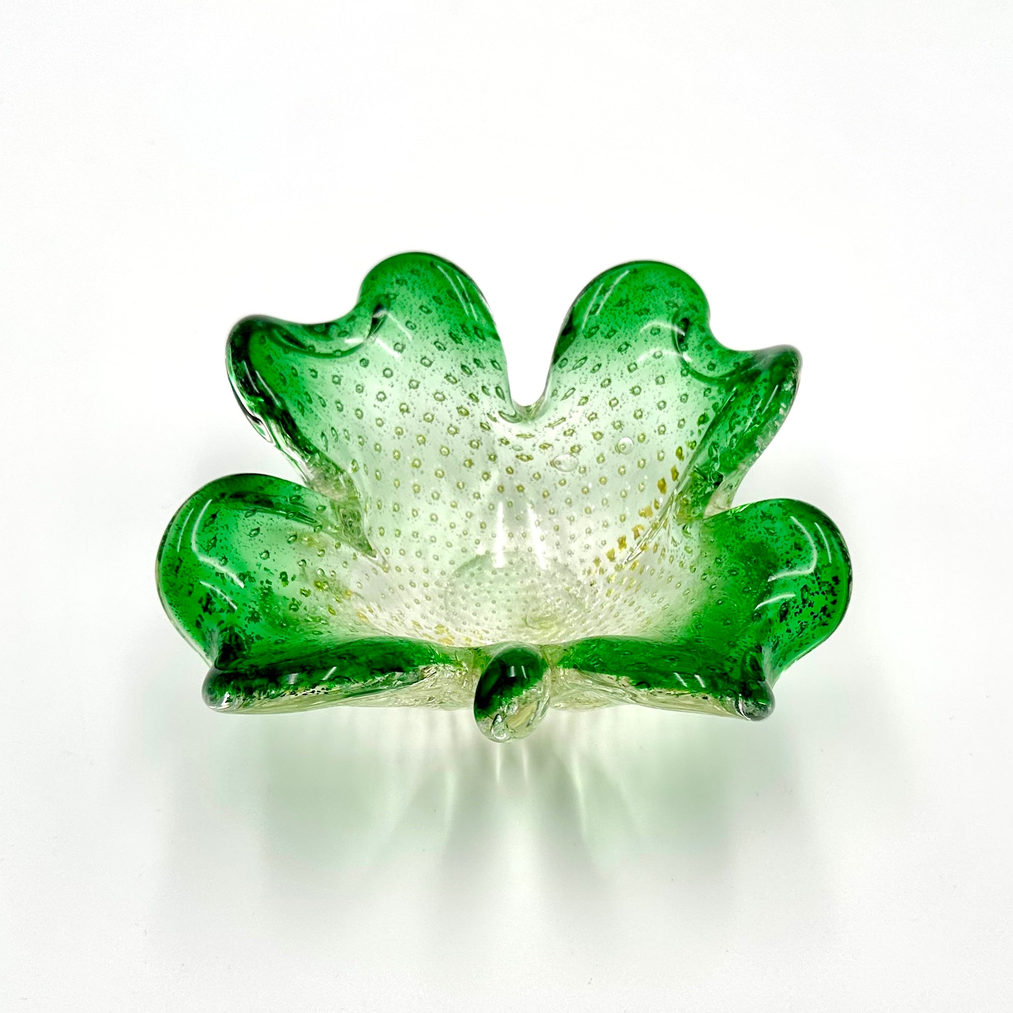 Murano Style Bullicante Bubble Green Art Glass Clover Dish