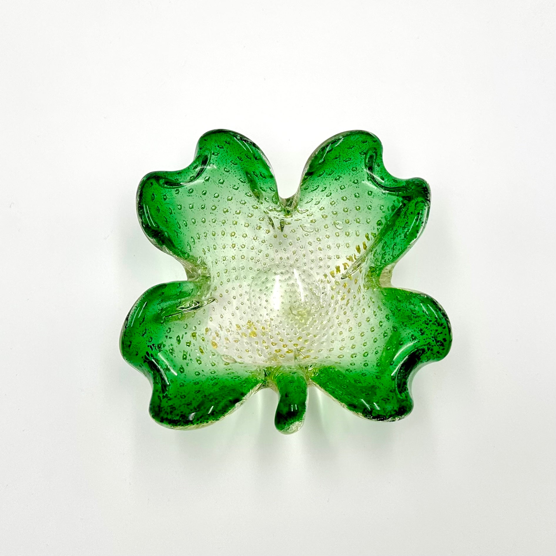 Murano Style Bullicante Bubble Green Art Glass Clover Dish