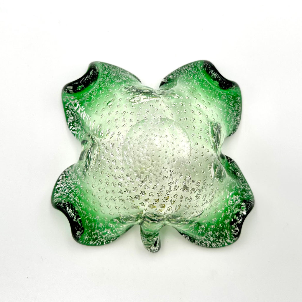 Murano Style Bullicante Bubble Green Art Glass Clover Dish