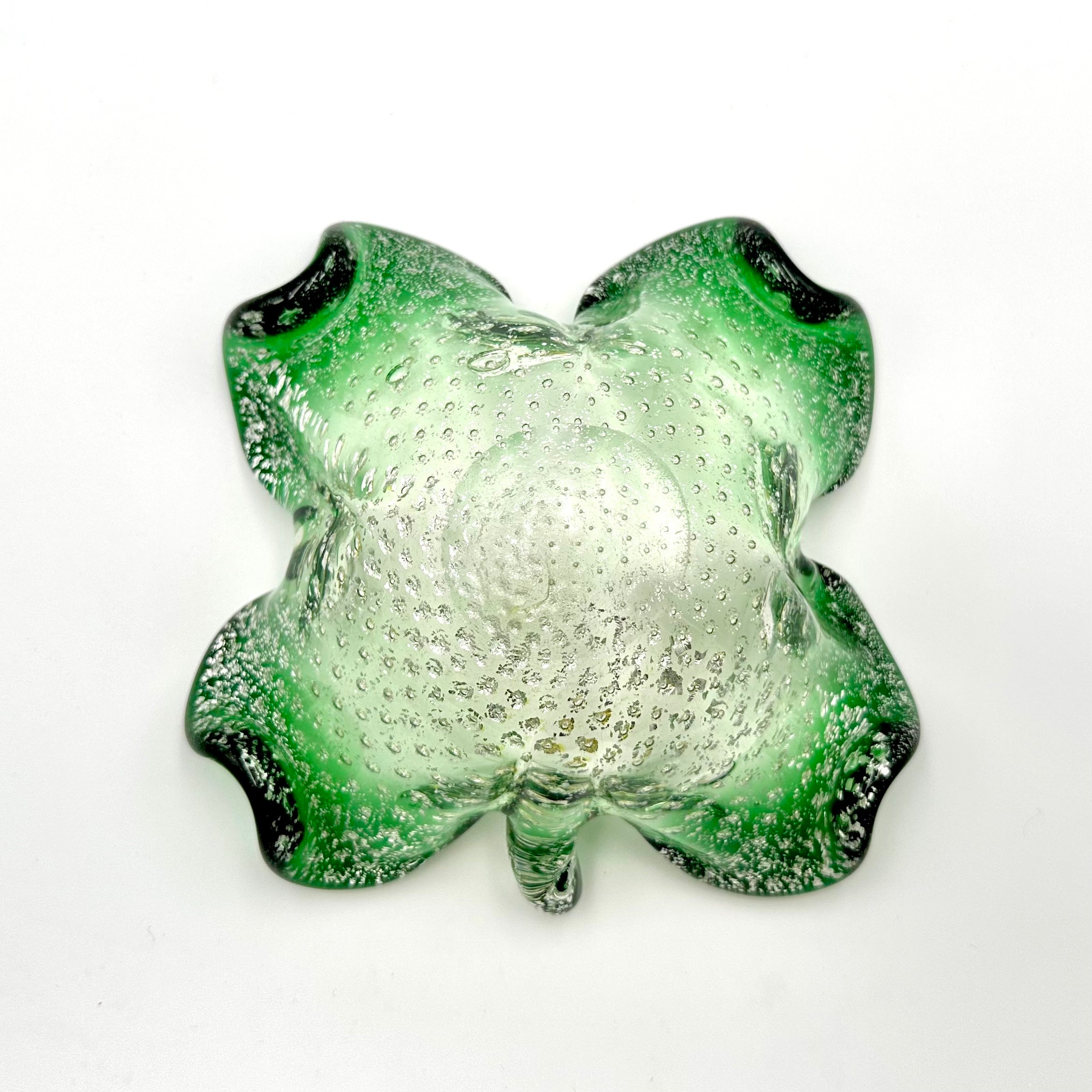 Murano Style Bullicante Bubble Green Art Glass Clover Dish