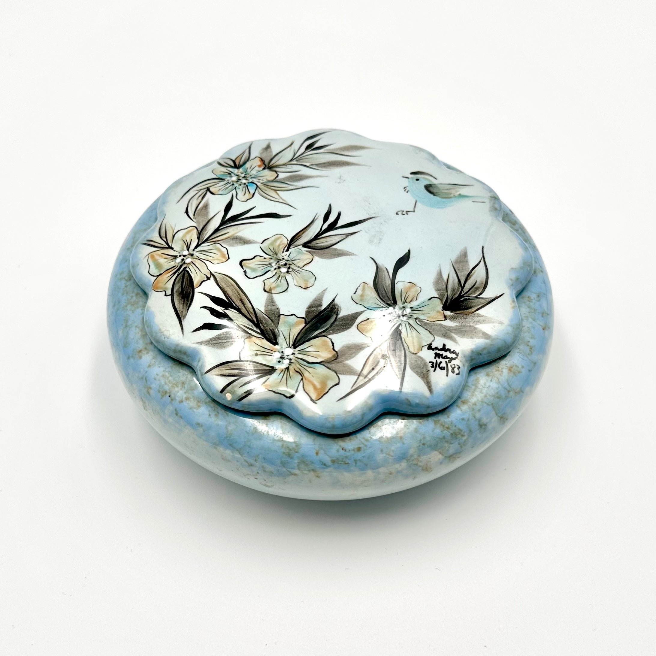 Vintage Hand Painted Ceramic Trinket Jar Signed 1983