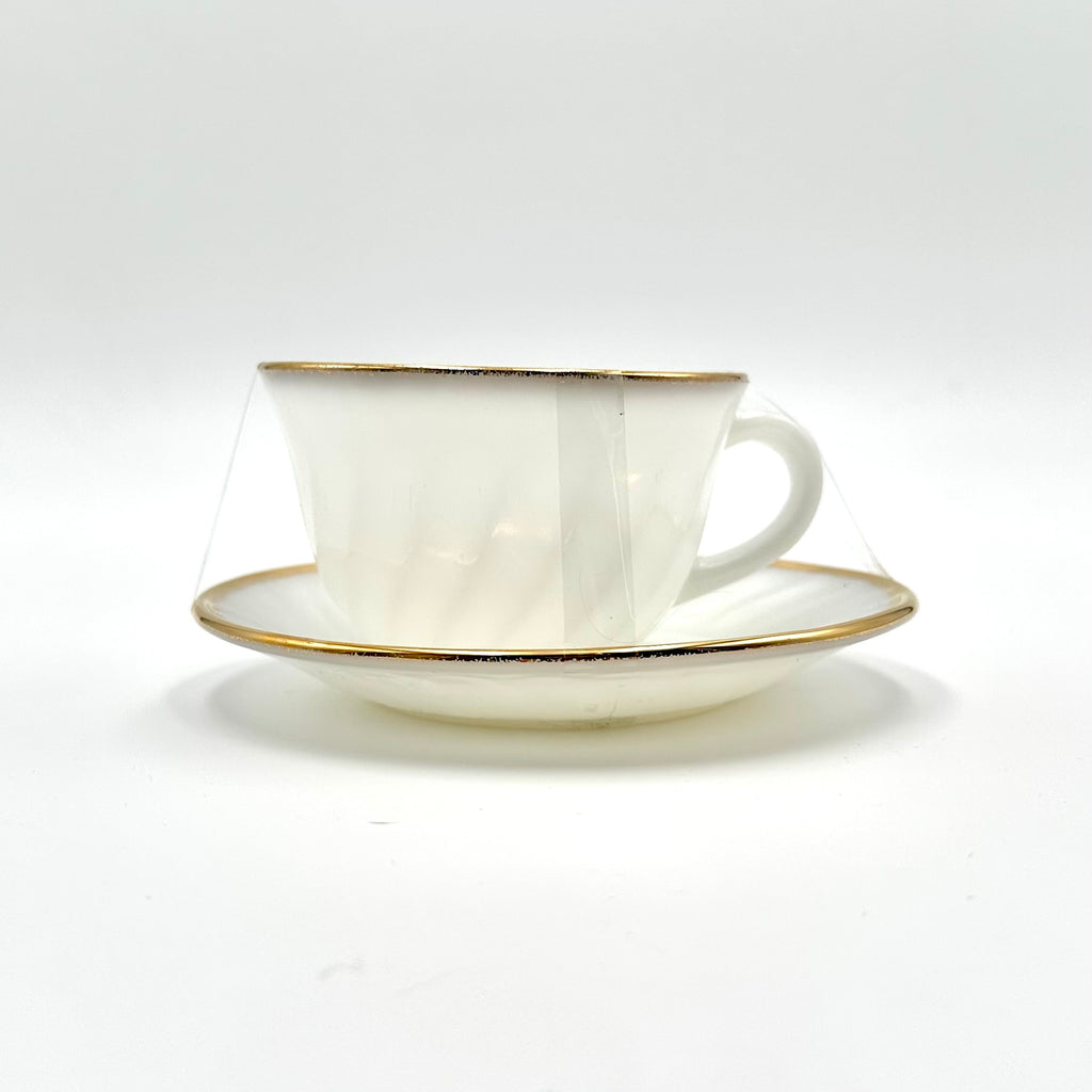 Anchor Hocking Fire-King Milk Glass Teacups Saucers Gold Trim Set of 3