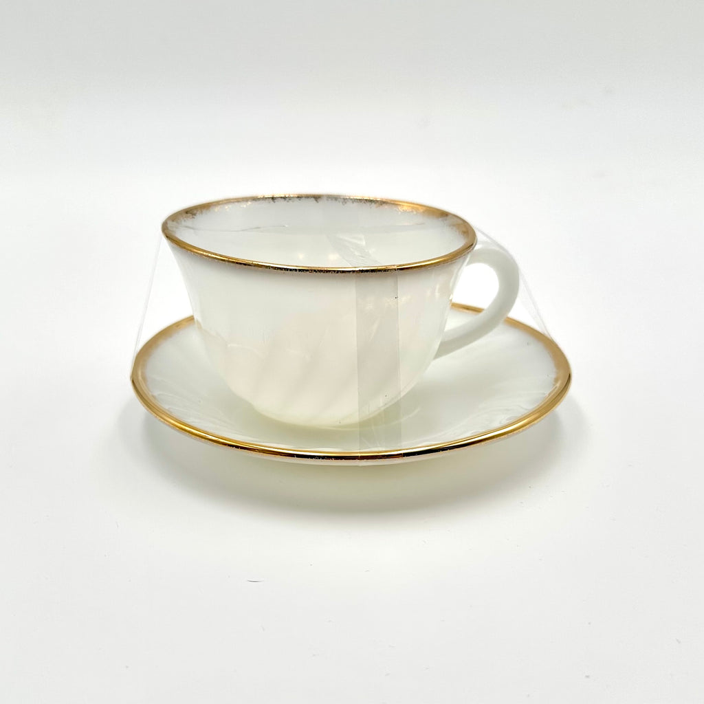 Anchor Hocking Fire-King Milk Glass Teacups Saucers Gold Trim Set of 3