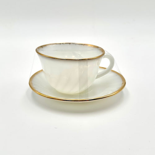 Anchor Hocking Fire-King Milk Glass Teacups Saucers Gold Trim Set of 3