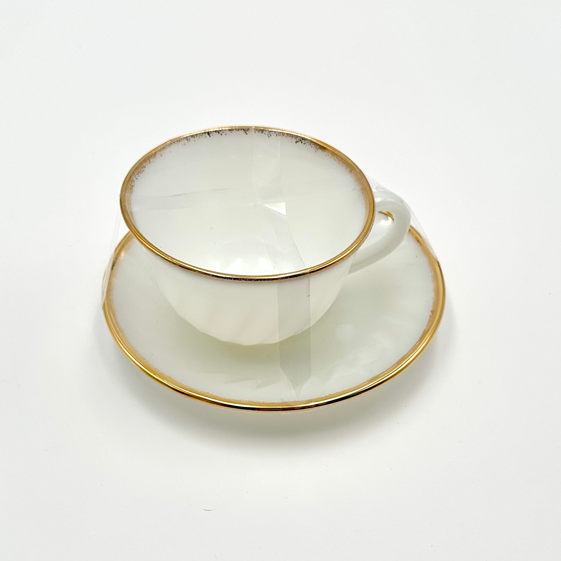 Anchor Hocking Fire-King Milk Glass Teacups Saucers Gold Trim Set of 3