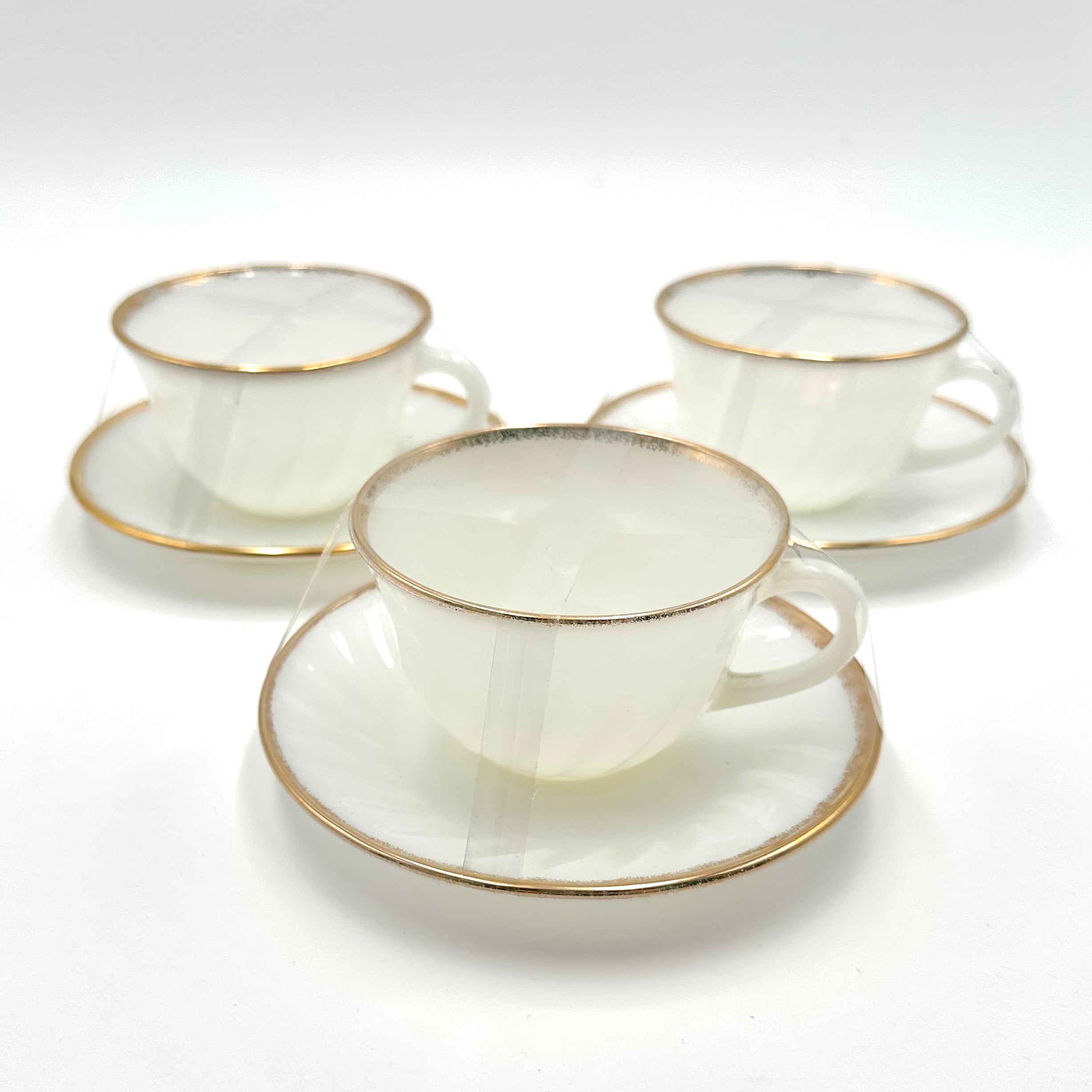 Anchor Hocking Fire-King Milk Glass Teacups Saucers Gold Trim Set of 3