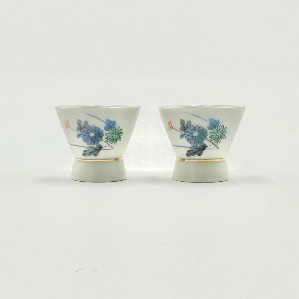 Japanese Sake Cups Set Floral Ochoko Porcelain Pedestal Cups