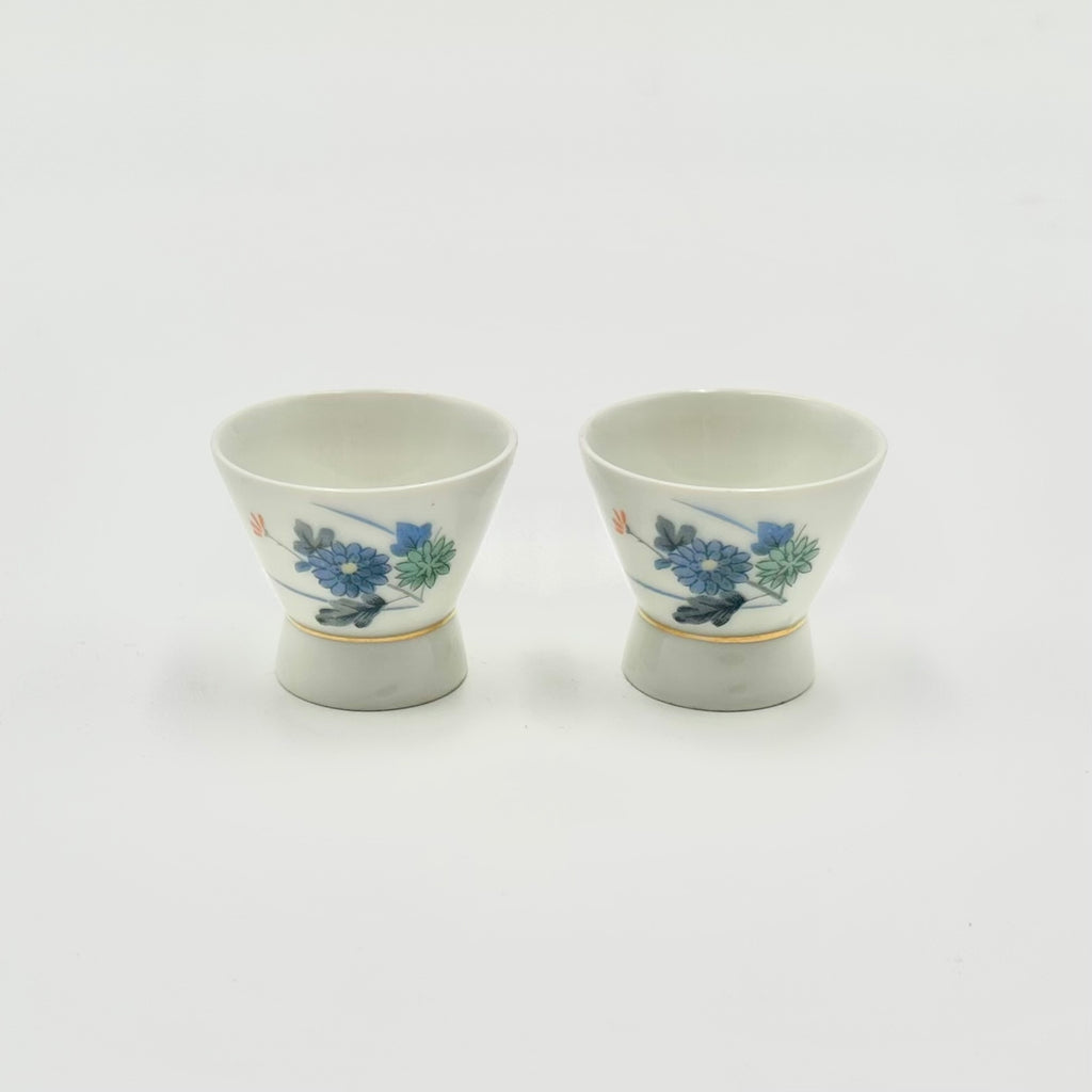 Japanese Sake Cups Set Floral Ochoko Porcelain Pedestal Cups