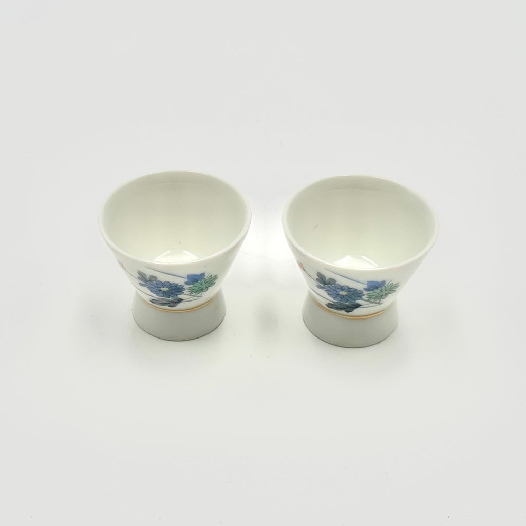 Japanese Sake Cups Set Floral Ochoko Porcelain Pedestal Cups