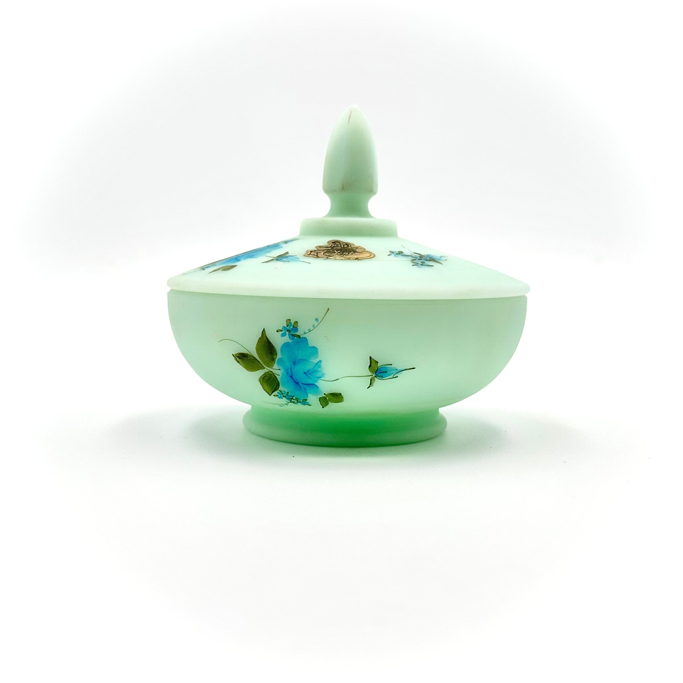Fenton Blue Roses on Satin Covered Candy Dish Hand Painted Signed Alexis J Knopp