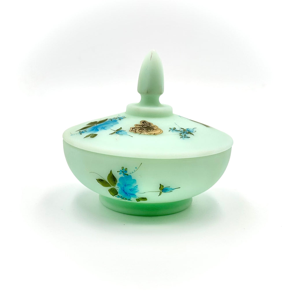 Fenton Blue Roses on Satin Covered Candy Dish Hand Painted Signed Alexis J Knopp