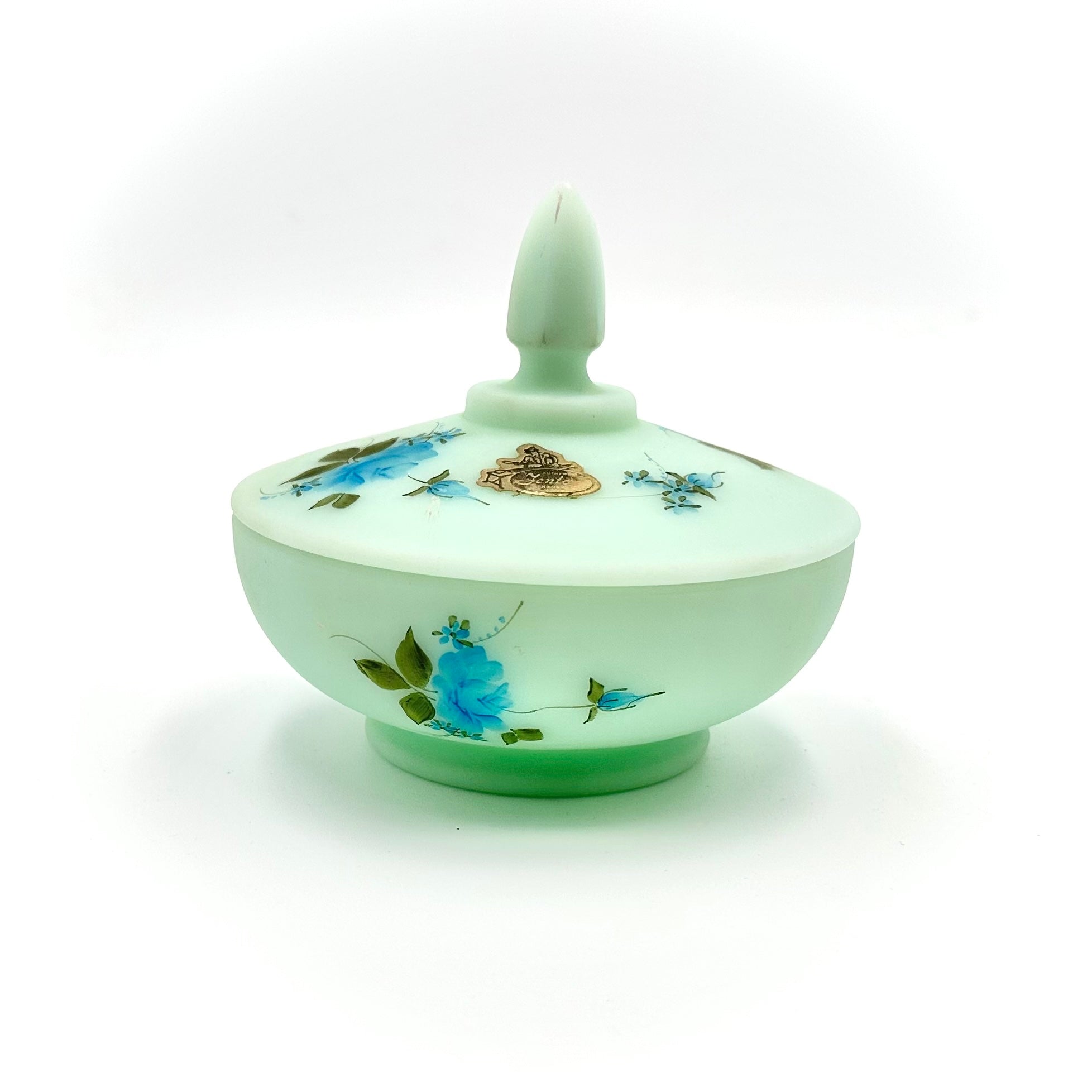 Fenton Blue Roses on Satin Covered Candy Dish Hand Painted Signed Alexis J Knopp